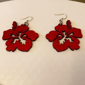 Cute Red Wood Hibiscus Flower Earrings